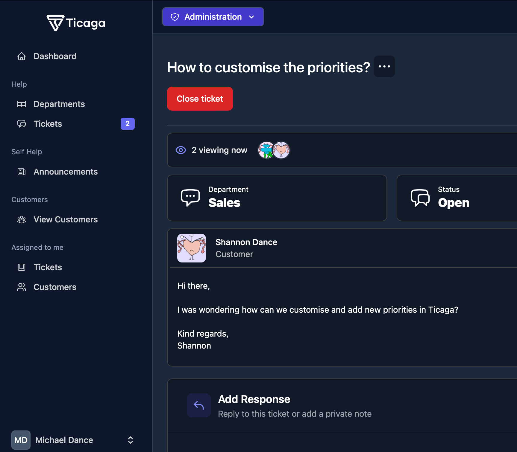 Agent viewing a ticket